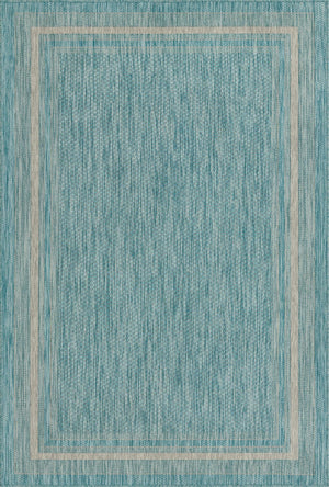 Unique Loom Outdoor Border Soft Border Machine Made Border Rug Aquamarine, Ivory 5' 1" x 8' 0"