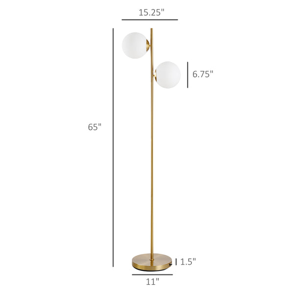 English Elm HOMCOM Gold Floor Lamp with 2 Glass Globe Shades, Anti-Skid Base, Footswitch, Modern 65" Tall W2225P217292