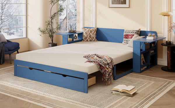 English Elm Queen Daybed with Hydraulic Desk Storage Drawers and Convertible Sofa for Small Spaces Blue LT000272AAC