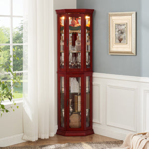 English Elm Corner Curio Cabinet Lighted Glass Shelves Mirrored Backing Living Room Display W2275P177189