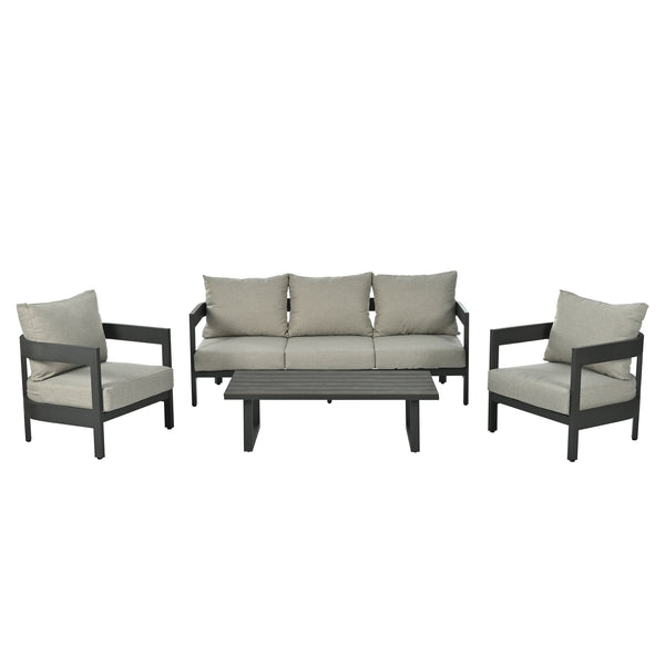 English Elm U_style Iron Frame Outdoor Seating Set with Plush Cushions and Faux Wood Accent Table N711P255067A