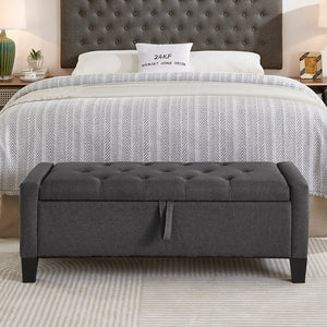 English Elm Ottoman Storage Bench Tufted Linen Upholstered Entryway Seat with Lift Top Shelf Dark Gray W2186P469998