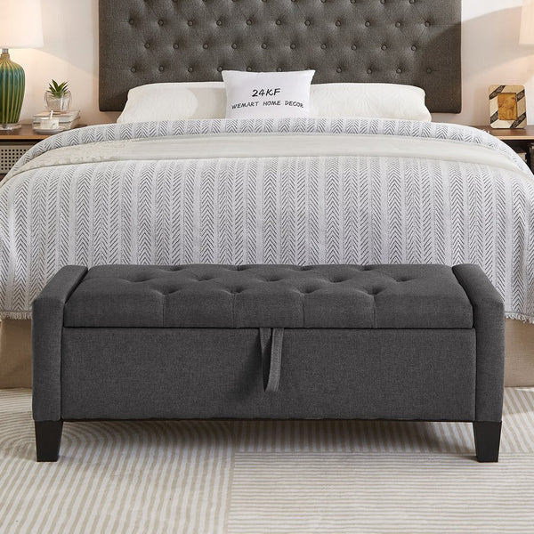 English Elm Ottoman Storage Bench Tufted Linen Upholstered Entryway Seat with Lift Top Shelf Dark Gray W2186P469998
