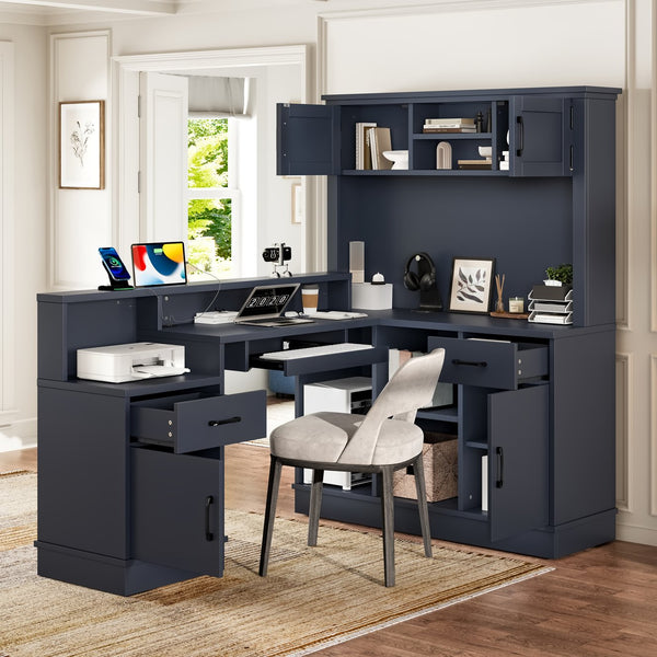 English Elm L-shaped Corner Computer Desk with Built-in Outlets Drawers and Open Shelving Storage W1580S00270