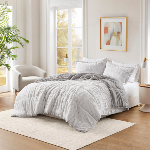 JLA Home Madison Park - Back Plush Reversible Long Fur Comforter Mini Set – Luxe hypoallergenic faux fur with silky mink reverse, OEKO-TEX certified, cozy warmth Gray/White MP10-7239