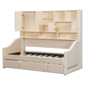 English Elm Twin Upholstered Daybed with LED Armrest Lighting, Hidden Storage Shelves & Lift-Up Pull-Out Trundle Beige SF000198AAA