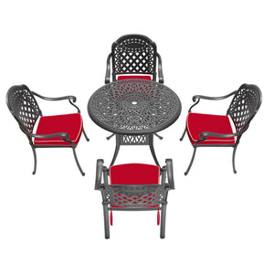 English Elm 5-Piece Elegant Cast Aluminum Patio Set With Red Cushions For Stylish Outdoor Dining & Relaxation W1710S00052