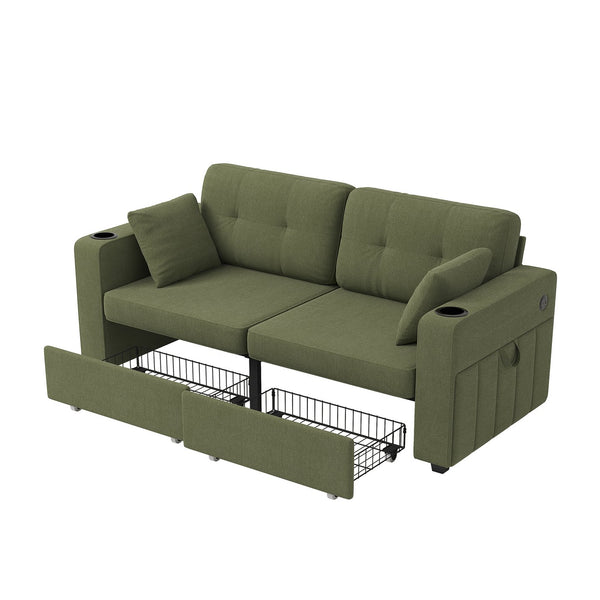 English Elm Sofas for Living Room Chenille Three Seat Couch with Usb Charging Storage and Cup Holder Olive W395S00146