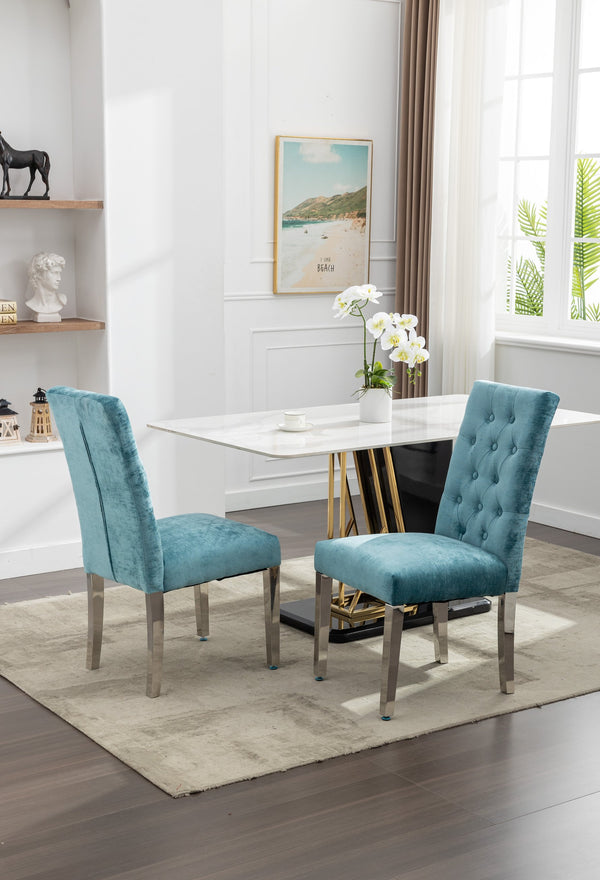 English Elm Set of 2 Modern Dining Chairs Plush Chenille Upholstery with Button-Tufting, S-Springs & Stainless Steel Legs Lake Blue D772095823