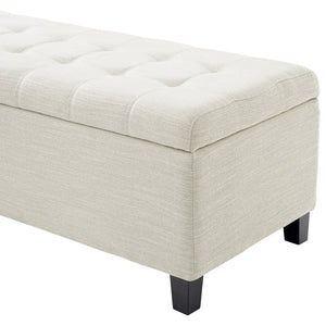 English Elm Upholstered Boucle Storage Bench Flip Top Lid Rubberwood Legs Bedroom Entryway Seating Beige N779P395018B