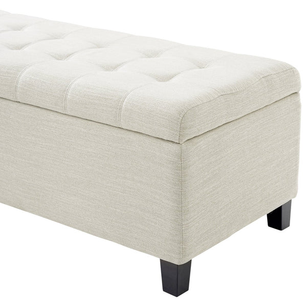 English Elm Upholstered Boucle Storage Bench Flip Top Lid Rubberwood Legs Bedroom Entryway Seating Beige N779P395018B