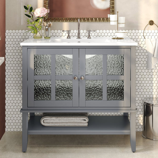 English Elm Christopher Knight Home® - 36" Bathroom Vanity with Ceramic Sink, Solid Wood Legs, Waterproof Finish, Soft-Close Hinges, Open Shelf, Silver Knobs Gray N817P286249G
