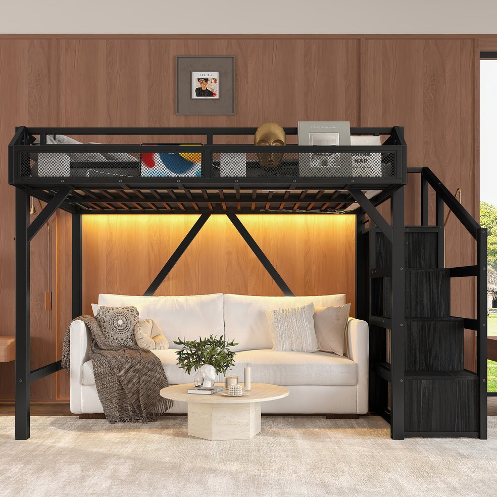 English Elm Full Xl Over Twin Triple Metal Bunk Bed with Storage Stairs and Shelves Black Black+Natural W1580S00407
