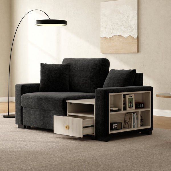 English Elm Modern Chenille Upholstered Compact Sofa with Console Storage Armrest for Living Room Black N763S000061B