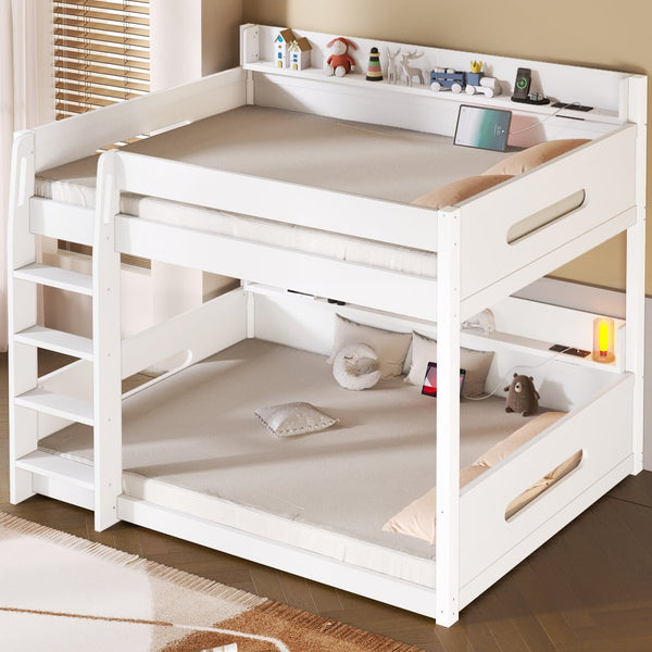 English Elm Queen Over Pine Bunk Bed with Built-in Shelves and Usb Charging Ports White N7090002238K