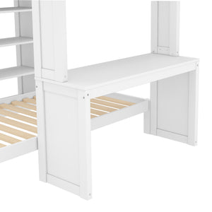 English Elm Full Solid Wood Loft Bed with Removable Lower Bed, Built-In Desk, Shelves & Wardrobe for Space-Saving Designs White W1580S00211