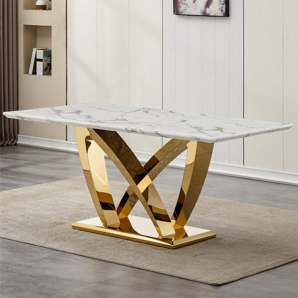 English Elm Marble Dining Table For 6-8 People, Luxurious Faux Marble Top With Gold Mirrored Base, Modern Design W3456S00052