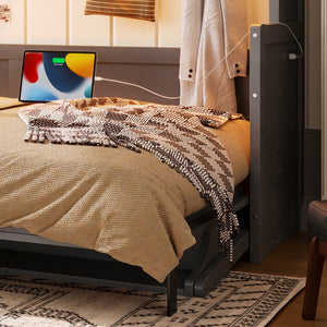 English Elm Full Murphy Bed with Fold Down Desk Led Lighting and Usb Port for Studio Spaces Dark Gray W1580S00455