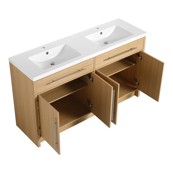 English Elm 60" Freestanding Bathroom Vanity with Dual Resin Sinks, Spacious Soft-Close Cabinet Storage, Durable Finish Oak W1972S00026