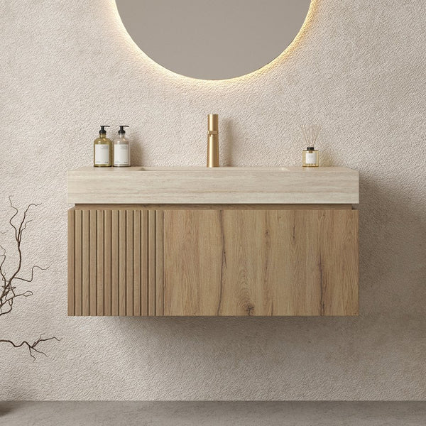 English Elm MURI Modern Wall-Mounted Vanity with Sintered Stone Top and Ceramic Basin, Plywood Cabinet, 39" Beige,White Oak W2615S00336