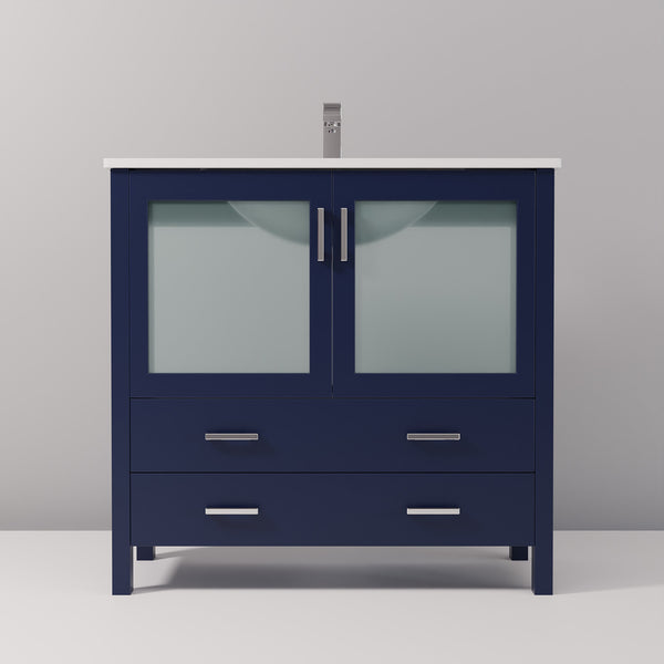 English Elm Navy 36" Bath Vanity with White Ceramic Top, Soft-Close Drawers & Chrome Faucet — Durable, Stylish B2731P260517