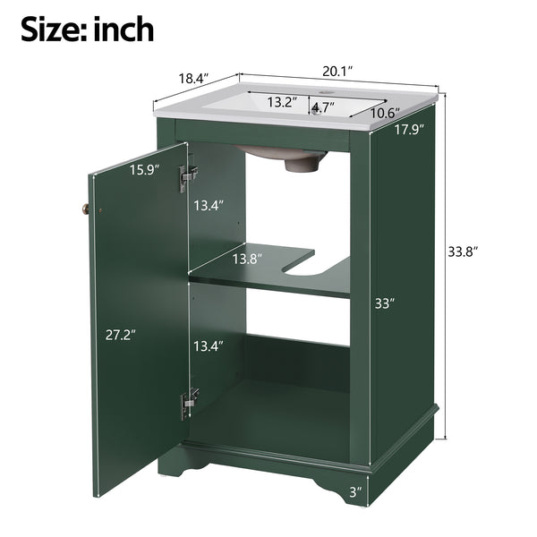English Elm 20-inch Bathroom Vanity with Ceramic Sink, Modern Freestanding Single Vanity with Soft-Close Doors and Adjustable Shelf for Ample Organized Storage Green N710P317678F