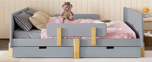 English Elm Twin Low Profile Kids Floor Bed Pine Wood Frame with Safety Rail and Built in Bookshelf Gray W1580P373246