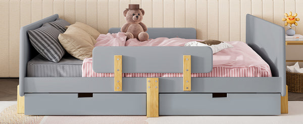 English Elm Twin Low Profile Kids Floor Bed Pine Wood Frame with Safety Rail and Built in Bookshelf Gray W1580P373246