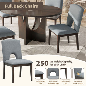 English Elm Topmax Extendable Round Dining Set with Linen Chairs and Pedestal Base Seats Five Espresso N717S000062P