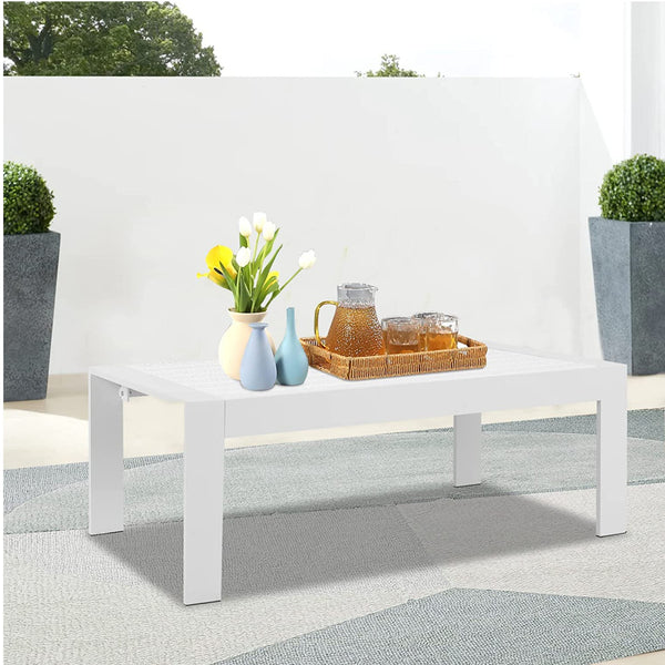 English Elm 43" Outdoor Aluminum Coffee Table with Slatted Wpc Top for Patio Deck Poolside White B082P454980