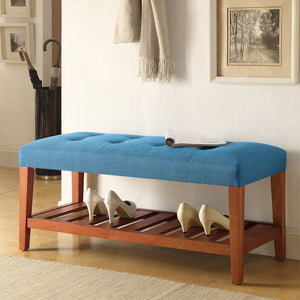 English Elm Fabric Upholstered Bench with Tufted Padded Seat, Open Lower Shelf, Tapered Wood Legs, 43"L Blue,Oak B016P311078