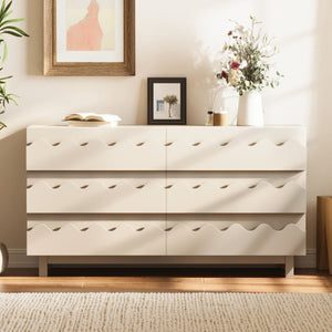 English Elm 60" Wave Front Six Drawer Dresser Sculptural Engineered Wood Media Console for Bedroom Ivory N739S0000011W