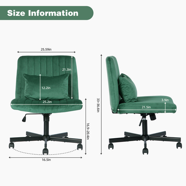 English Elm Green Velvet Criss Cross Armless Office Chair Model 875 - Plush Swivel, Adjustable Tilt, Wheels for Home W3394P329164