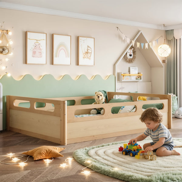 English Elm Twin Low Profile Floor Bed with Guardrails Pine Wood Frame Minimalist Bedroom Natural W1580P438793