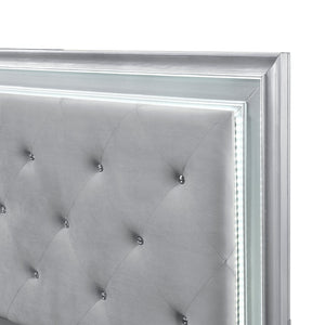 English Elm Silver Framed Queen Bed Tufted Knit Headboard with Built-in Led Ambient Lighting Glam B011S02470