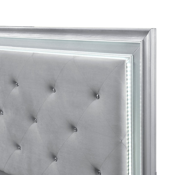 English Elm Silver Framed Queen Bed Tufted Knit Headboard with Built-in Led Ambient Lighting Glam B011S02470