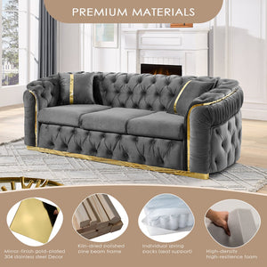 English Elm 2pcs Italian Velvet Chesterfield Sofa Set Tufted Three Seater with Gold Steel Legs Gray W1191S00070