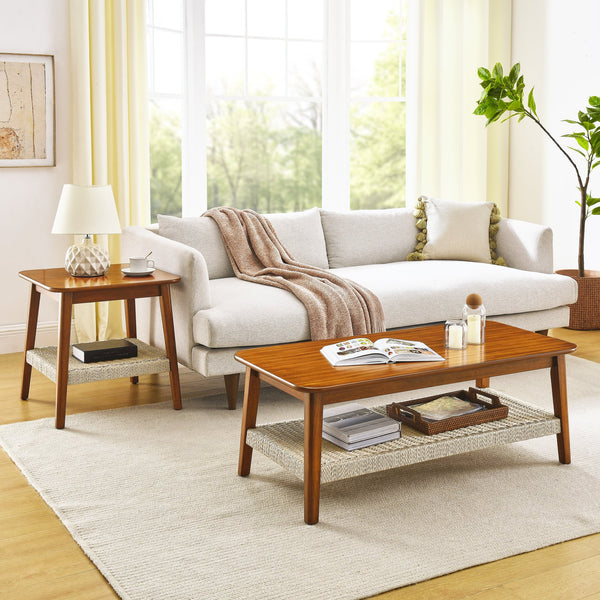 English Elm 23" Mid-Century Side Table with Woven Rattan Shelf, Walnut Finish, Solid Wood Legs, Boho Storage Accent Piece W1801109588