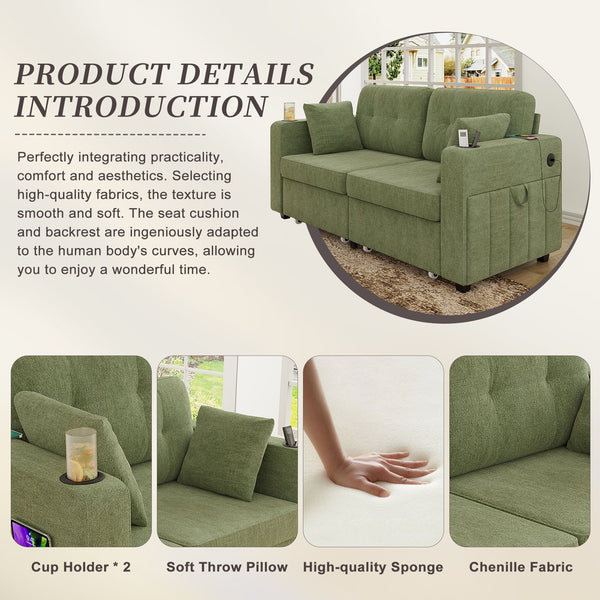 English Elm Sofas for Living Room Chenille Three Seat Couch with Usb Charging Storage and Cup Holder Olive W395S00146