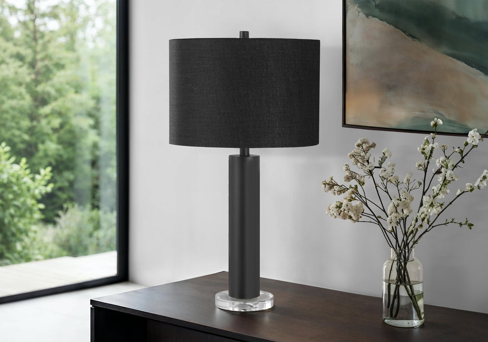 English Elm Lighting, Contemporary Table Lamp Black Metal Acrylic Base Ivory Linen Drum Shade B2710P220115