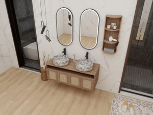 English Elm 48" Floating Bathroom Vanity Oak Finish Dual Ceramic Sinks Soft Close Plywood Cabinet W999S00506