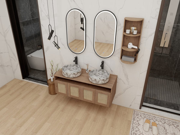 English Elm 48" Floating Bathroom Vanity Oak Finish Dual Ceramic Sinks Soft Close Plywood Cabinet W999S00506