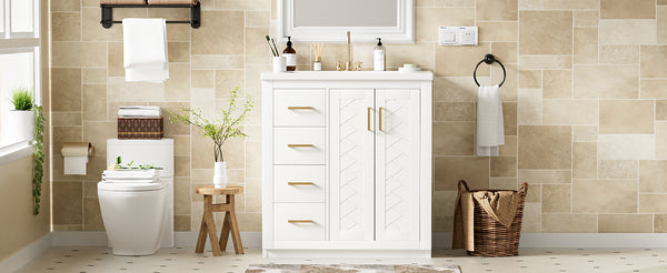 English Elm 30'' Bathroom Vanity With Elegant Ceramic Sink, Solid Wood Frame, Soft-Close Doors & Ample Storage N710P191970K