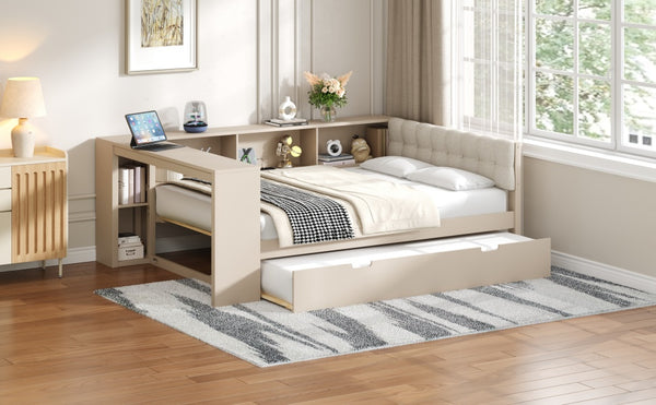 English Elm Wood Twin Platform Bed Linen Headboard Storage Shelves Trundle Charging Station Cream N709P004024C