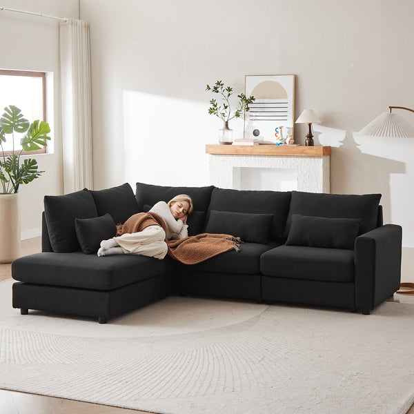 English Elm MH100.2" Sofa Convertible L-Shaped Linen Sectional with Movable Ottoman 5 Cushions 4 Lumbar Pillows Black W1193S00141