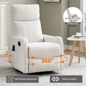 English Elm Beige Fabric Swivel Rocker Recliner with Massage Nodes and Lumbar Heat for Living Room Beige W1803P363421
