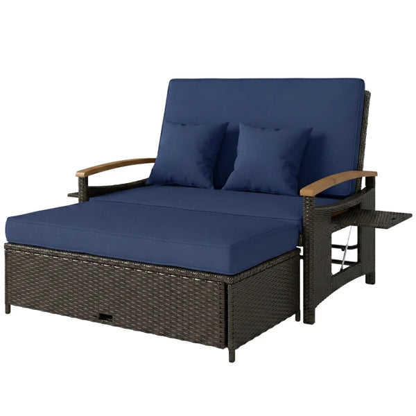 English Elm 4-in-1 Wicker Outdoor Daybed with Acacia Armrests Reclining Loveseat and Storage Ottoman Navy Blue T3971P484859