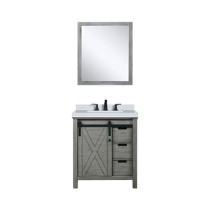 English Elm Ash Grey Bath Vanity 30x22 with White Quartz Top, Matte Black Faucet, 28in Mirror, Scratch-Resistant Finish B2731S01275