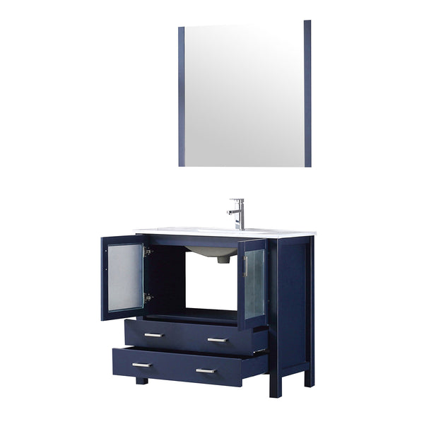 English Elm Navy Blue Bath Vanity Set With White Ceramic Top, Chrome Faucet & Matching 34" Mirror For Style Upgrade B2731S01290