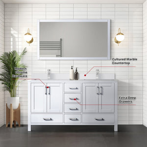 English Elm White Double Bath Vanity 60 in with Cultured Marble Top, Chrome Faucet, 58 in Mirror, Scratch-Resistant Finish B2731S01018